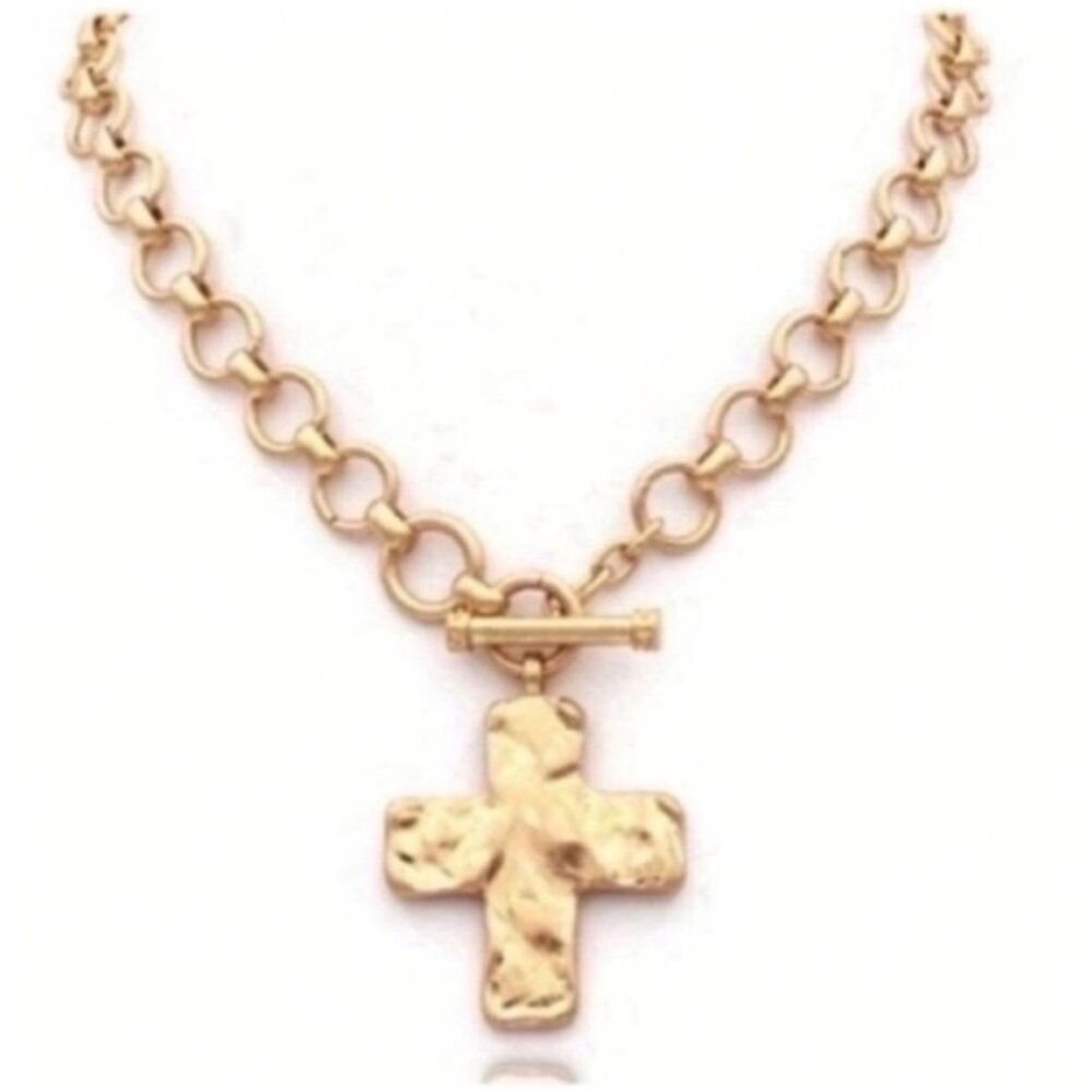 New! Anthropologie Hammered Gold Cross Necklace NWOT